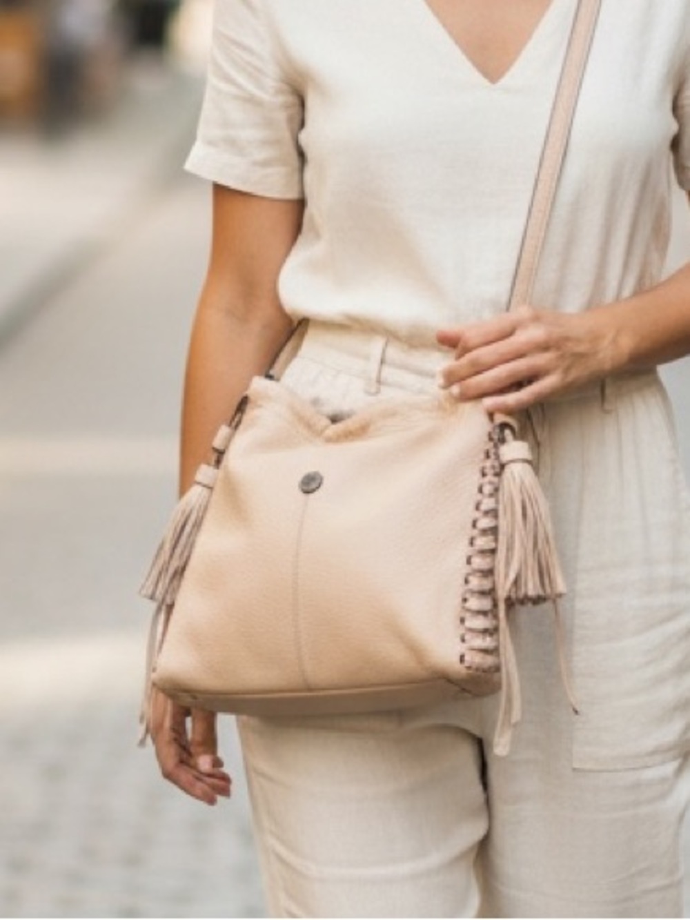 Rebecca Minkoff Whipstitch Leather Tassel Crossbody/Hobo Bag – Beige/Blush/Cream